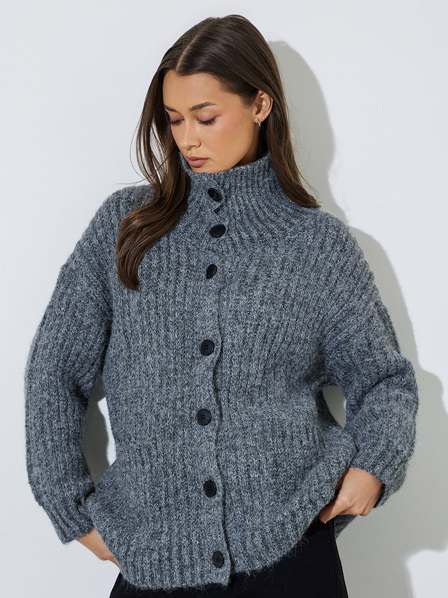 Grey High Neck Button-Up Ribbed Cardigan