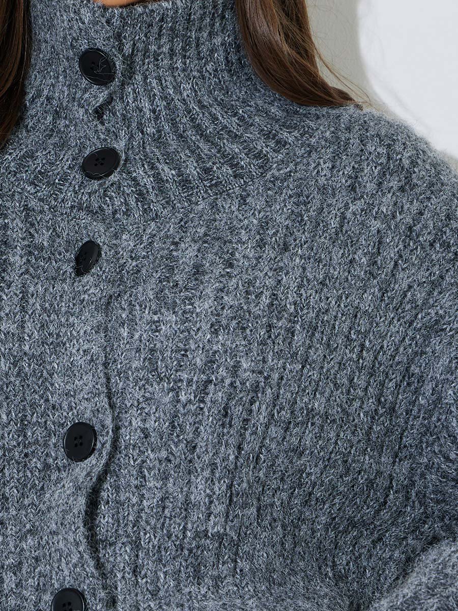 Grey High Neck Button-Up Ribbed Cardigan