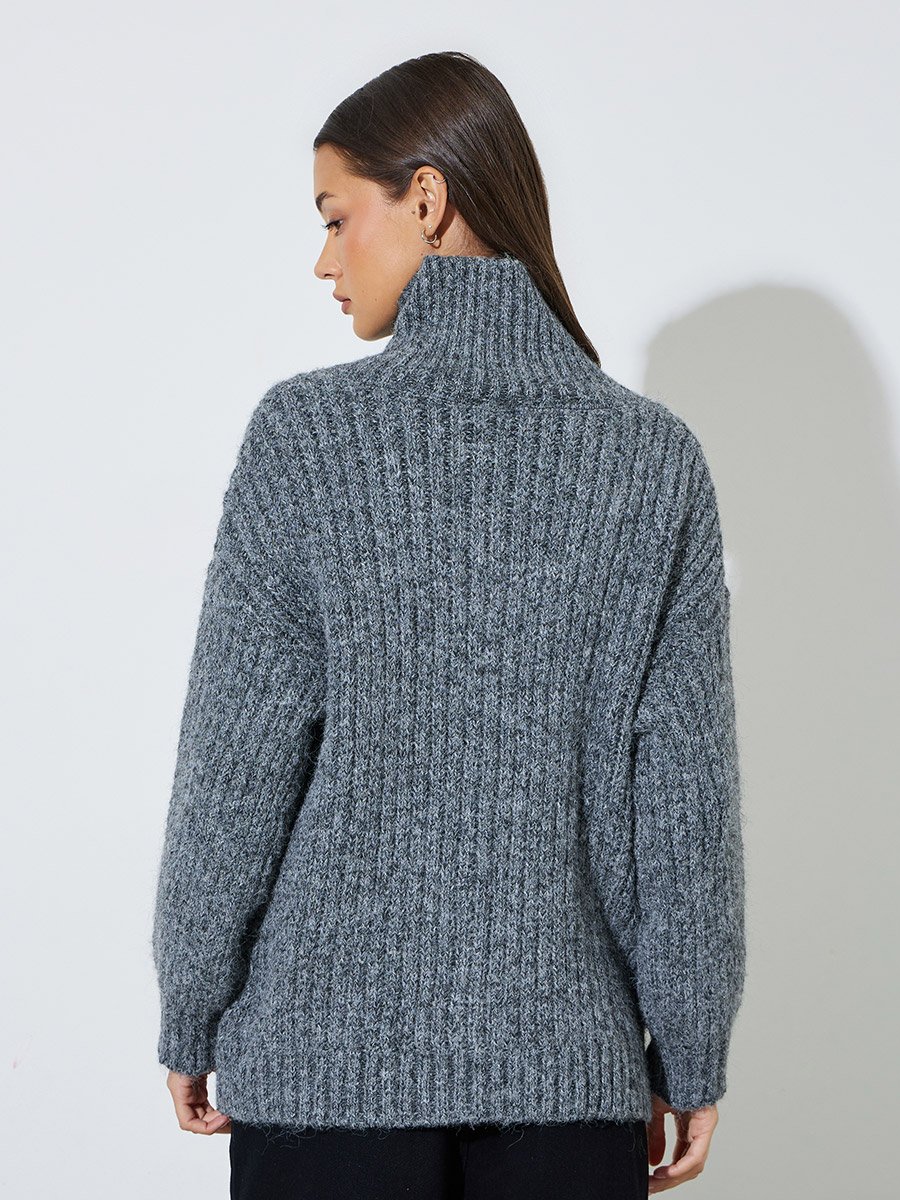 Grey High Neck Button-Up Ribbed Cardigan