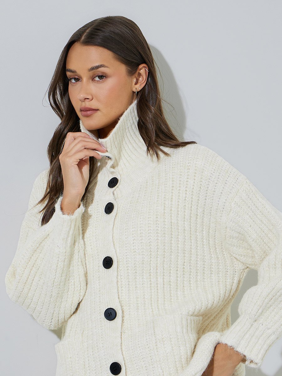 Off White High Neck Button-Up Ribbed Cardigan