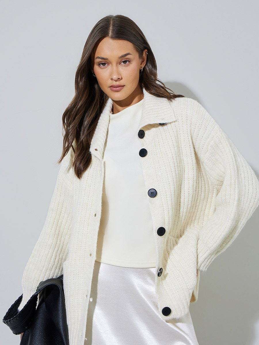 Off White High Neck Button-Up Ribbed Cardigan