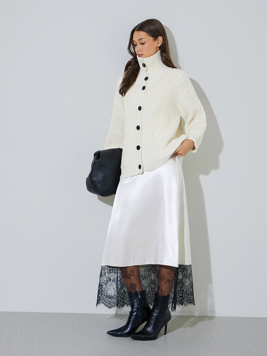 Off White High Neck Button-Up Ribbed Cardigan