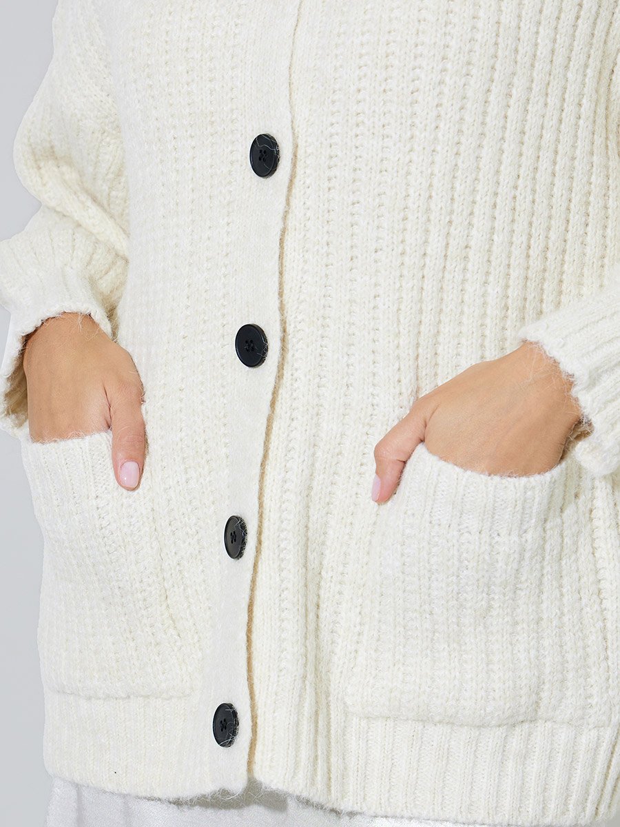 Off White High Neck Button-Up Ribbed Cardigan