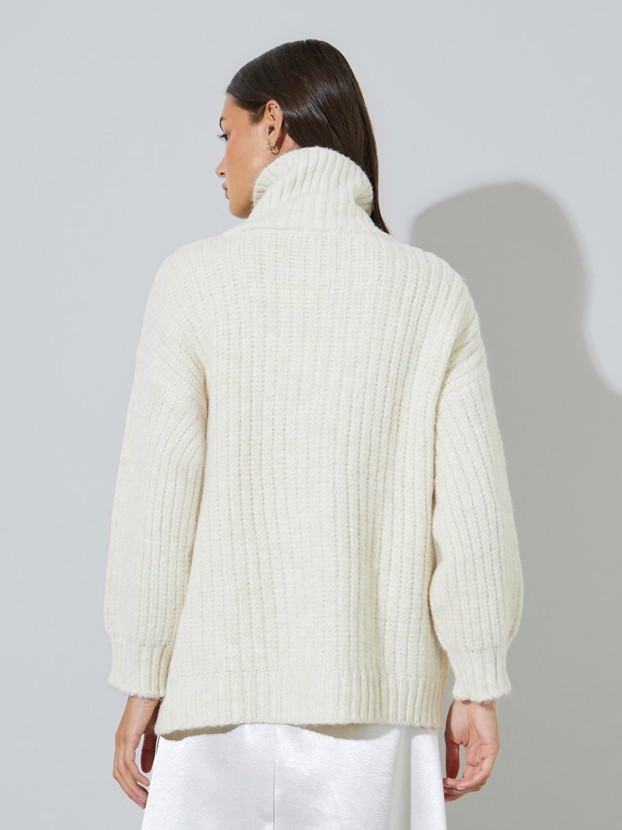 Off White High Neck Button-Up Ribbed Cardigan