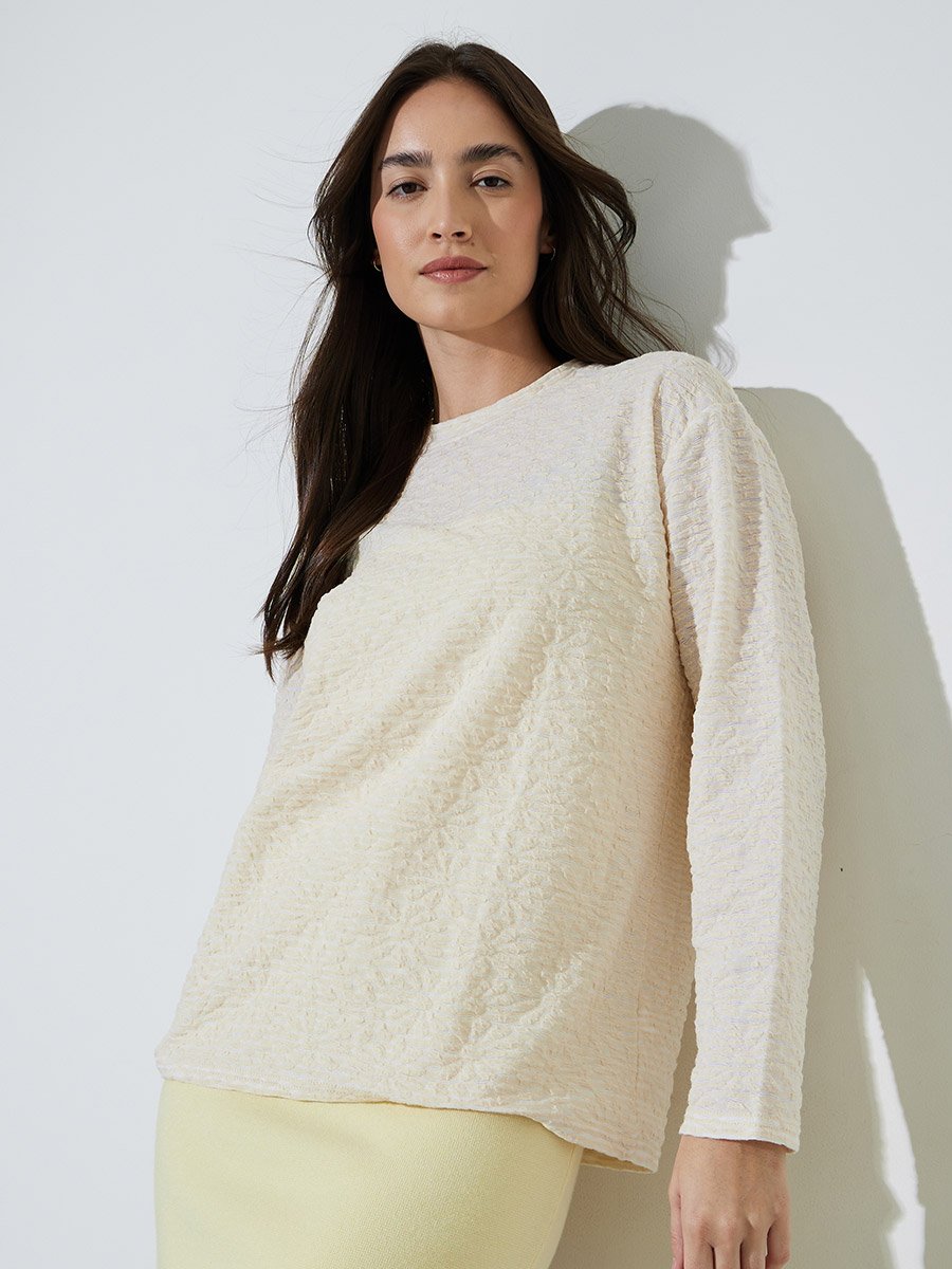Beige Textured Knit Long Sleeve T-Shirt