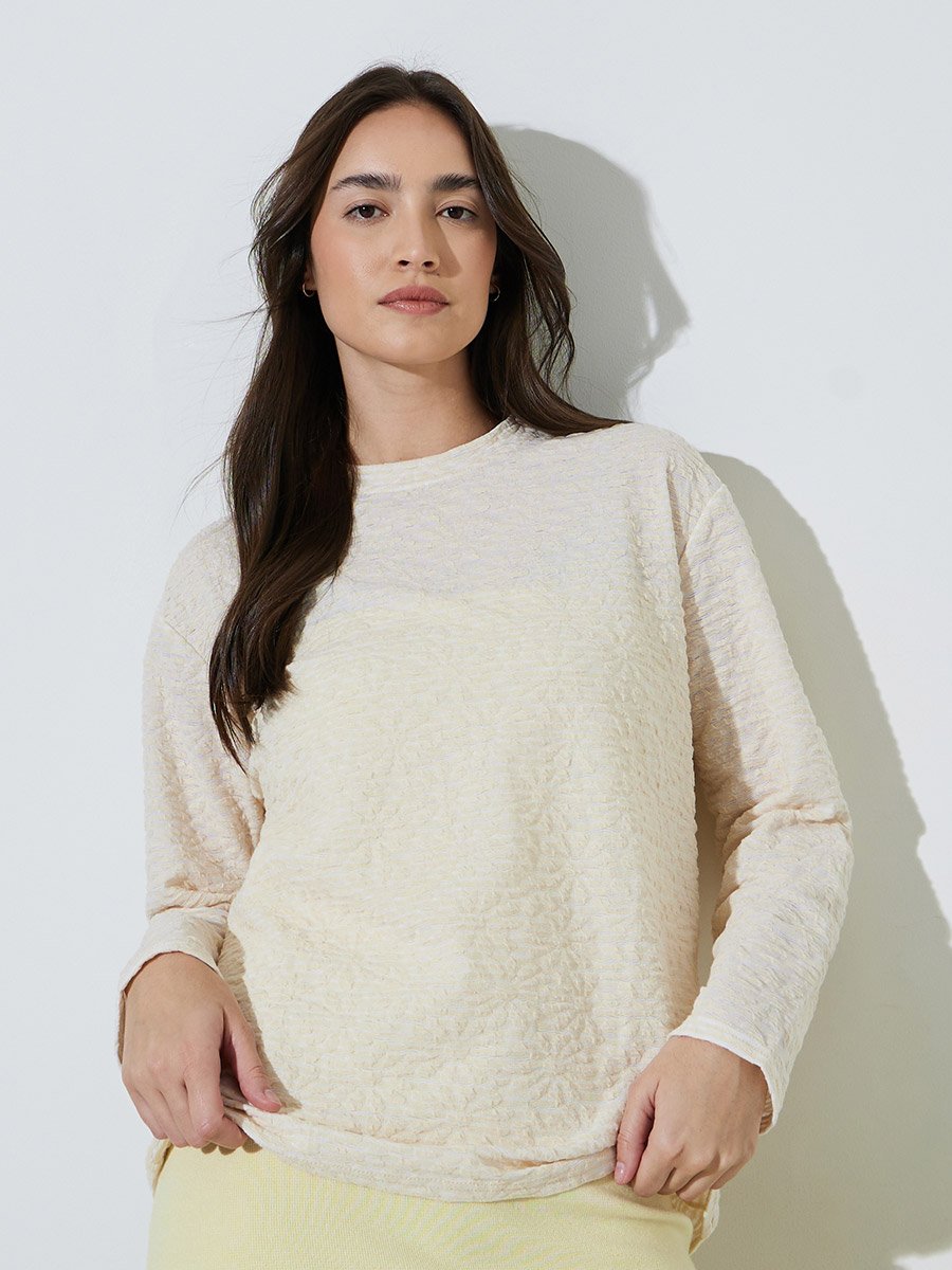 Beige Textured Knit Long Sleeve T-Shirt