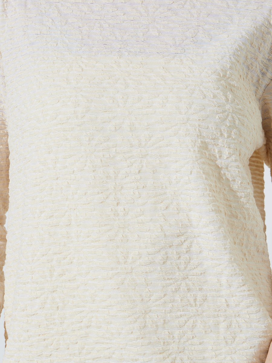 Beige Textured Knit Long Sleeve T-Shirt