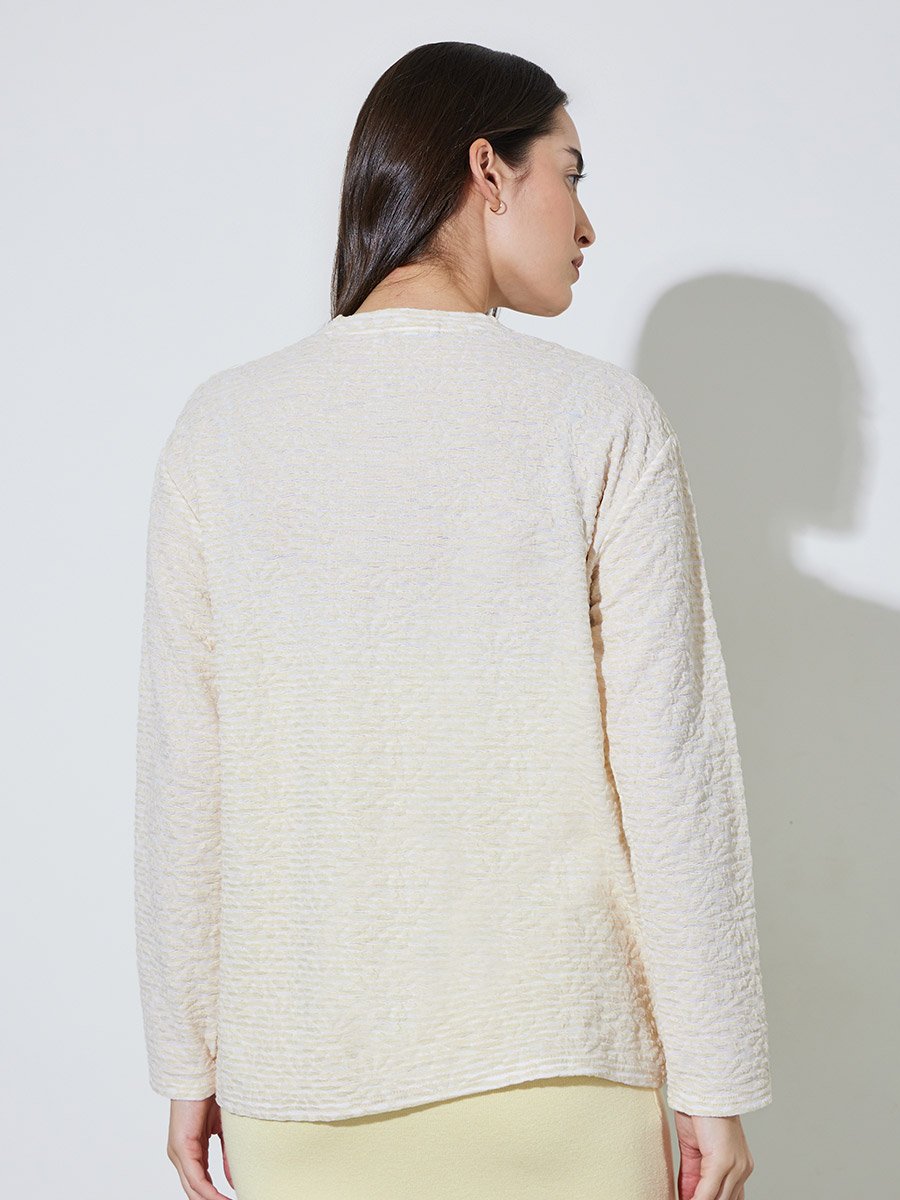 Beige Textured Knit Long Sleeve T-Shirt