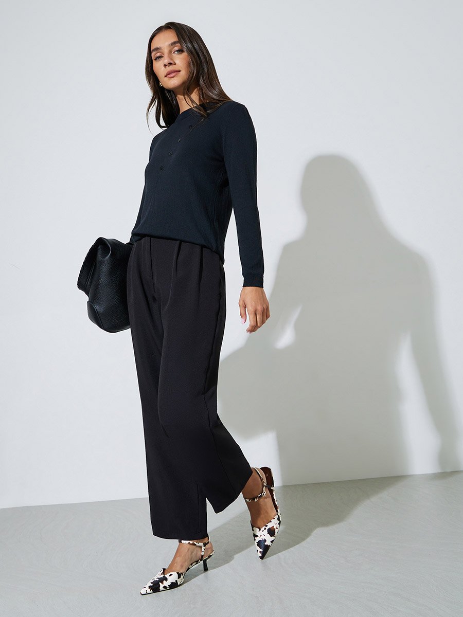 Black Solid Regular Fit Knit Sweater with Asymmetric Button Detail