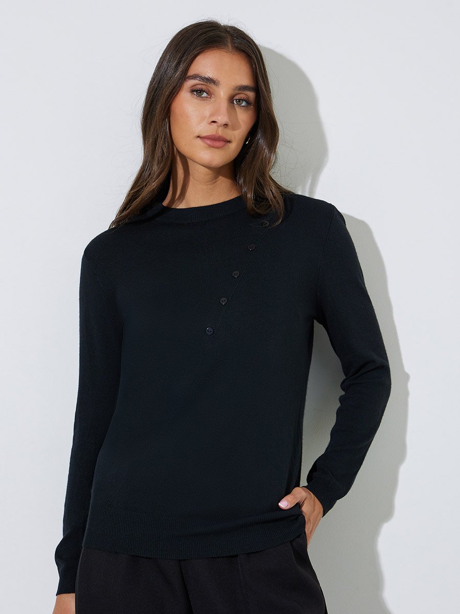 Black Solid Regular Fit Knit Sweater with Asymmetric Button Detail
