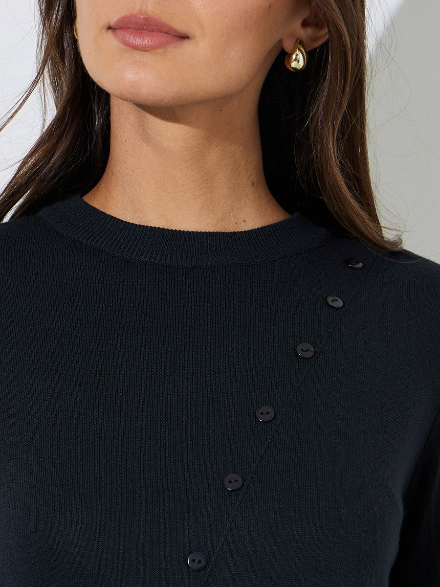 Black Solid Regular Fit Knit Sweater with Asymmetric Button Detail