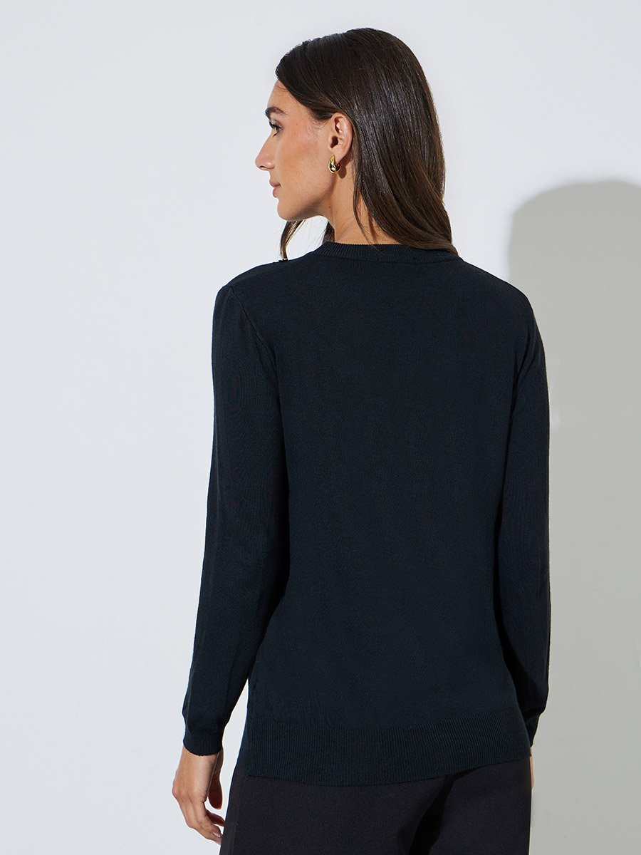 Black Solid Regular Fit Knit Sweater with Asymmetric Button Detail