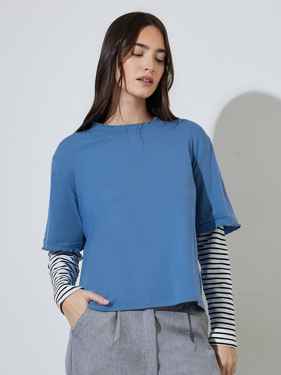 Multi-Color Striped Long Sleeves Layered Look Sweatshirt