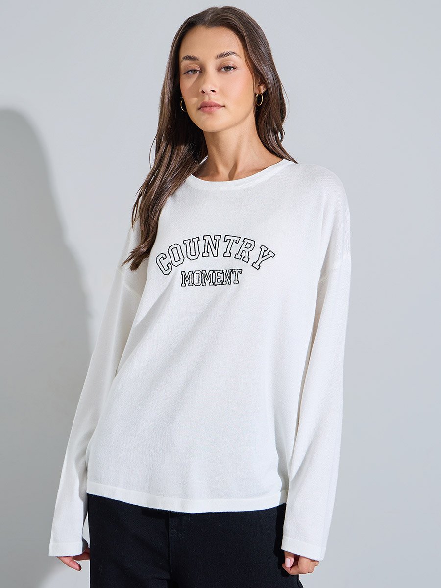 White Slogan Print Long Sleeves Oversized T-Shirt with Scarf