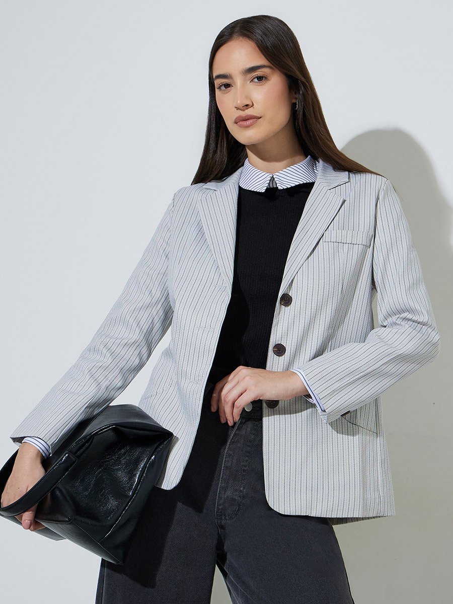 Grey Checked Buttoned Casual Blazer 