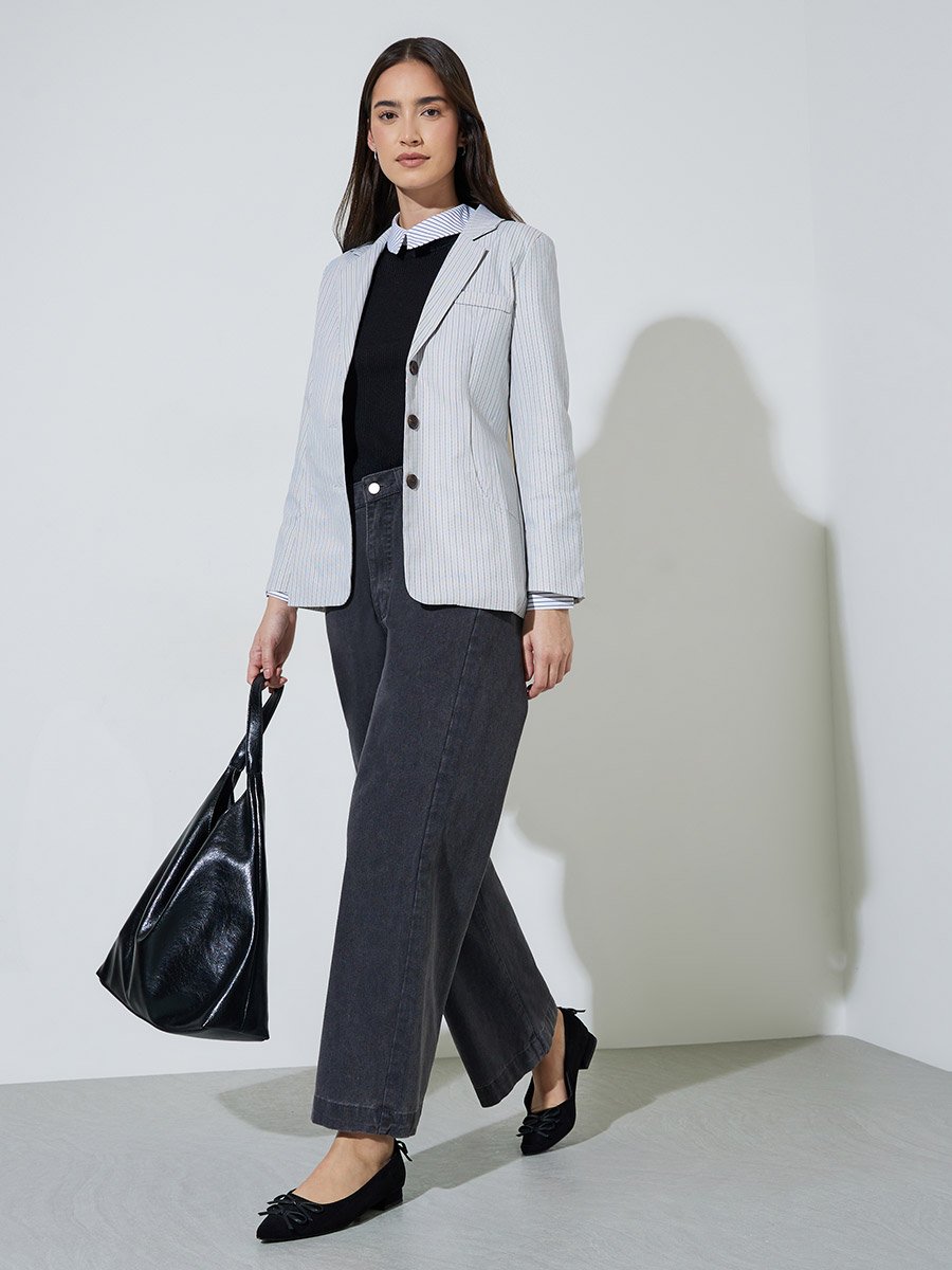 Grey Checked Buttoned Casual Blazer 