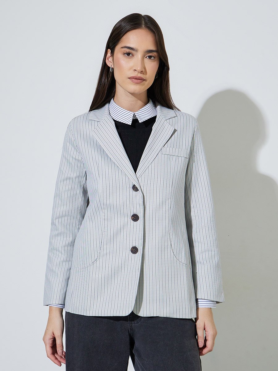 Grey Checked Buttoned Casual Blazer 