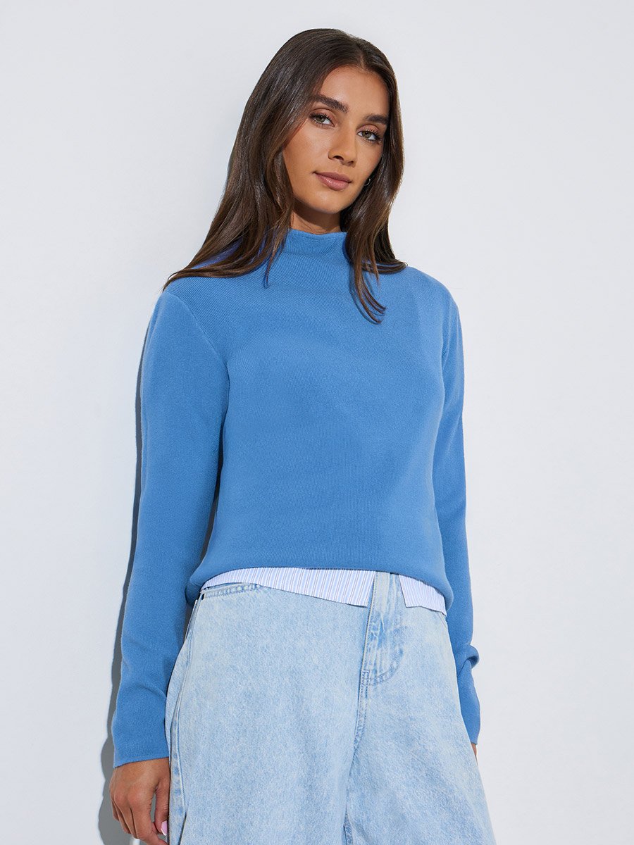 Blue Textured High Neck Regular Fit Sweater
