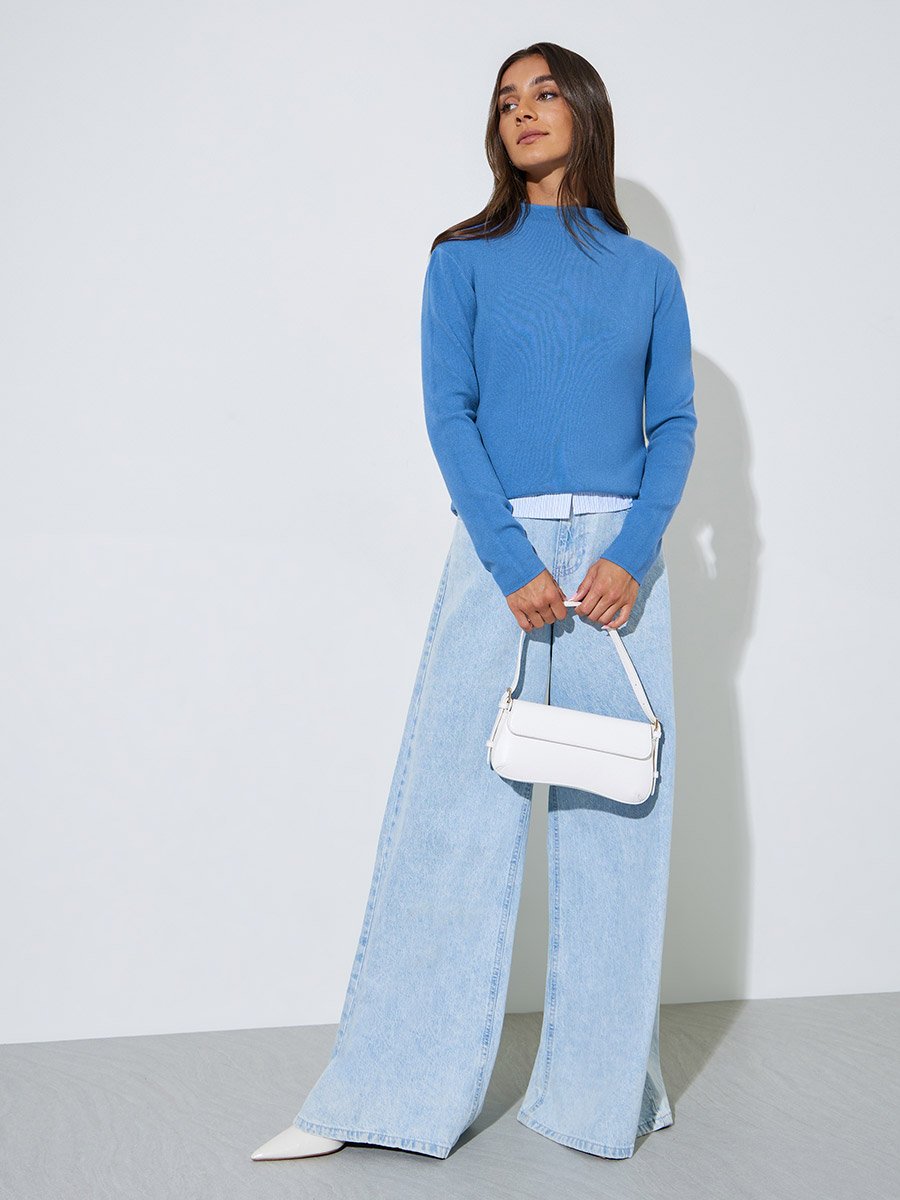 Blue Textured High Neck Regular Fit Sweater