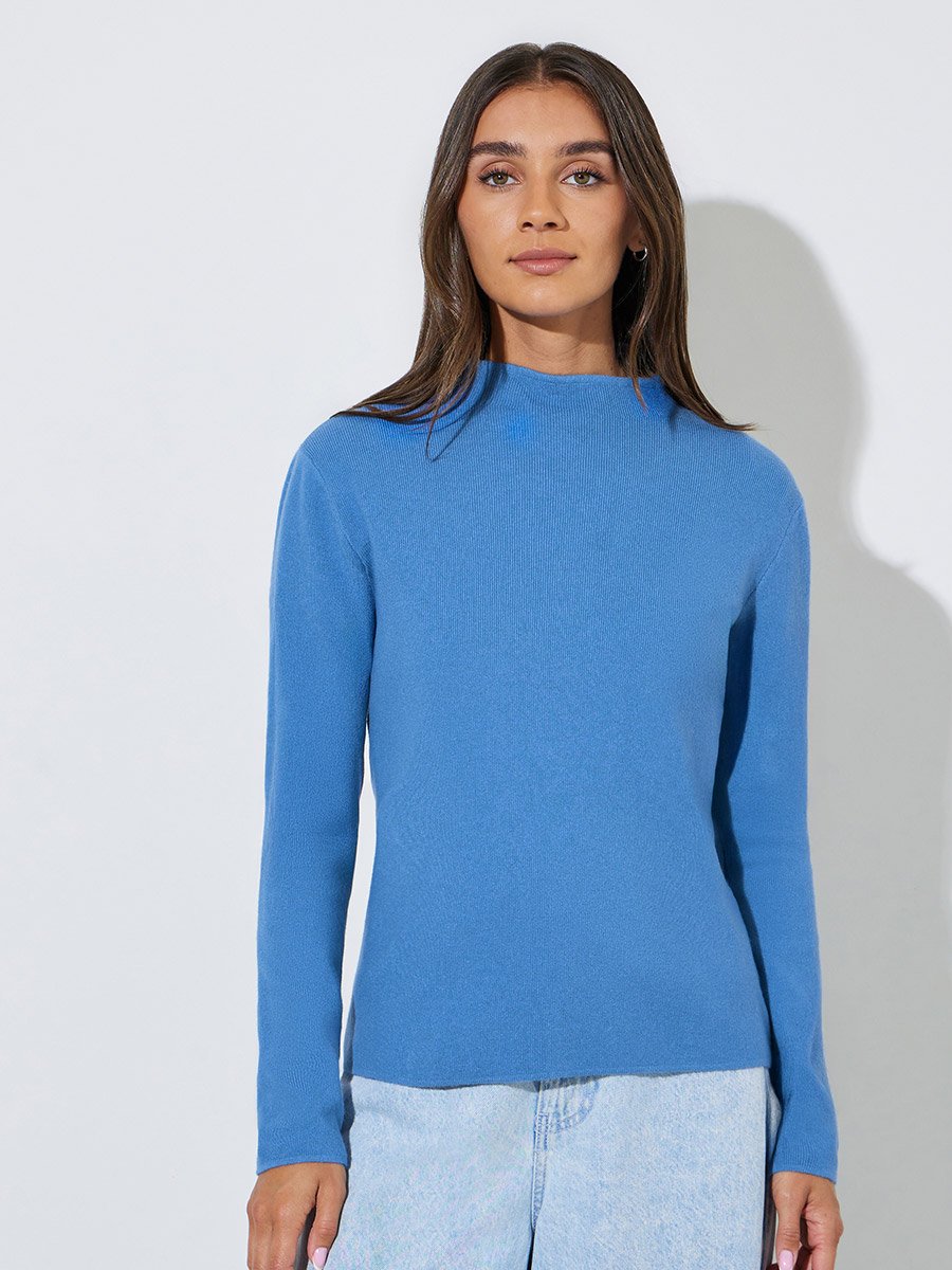 Blue Textured High Neck Regular Fit Sweater