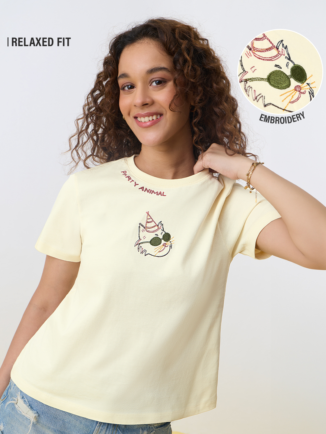 Yellow Embroidered Round Neck Cotton T-Shirt