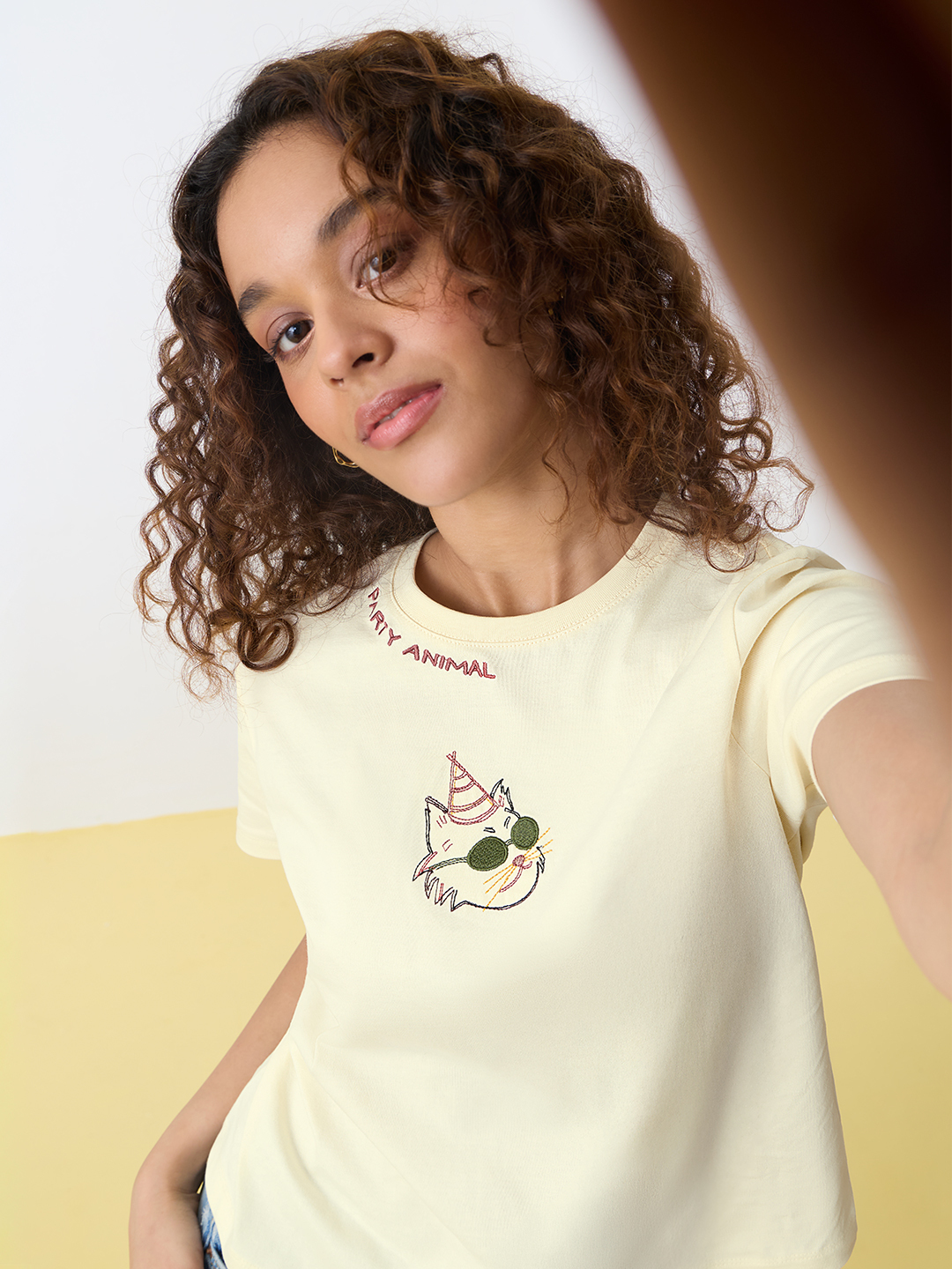 Yellow Embroidered Round Neck Cotton T-Shirt