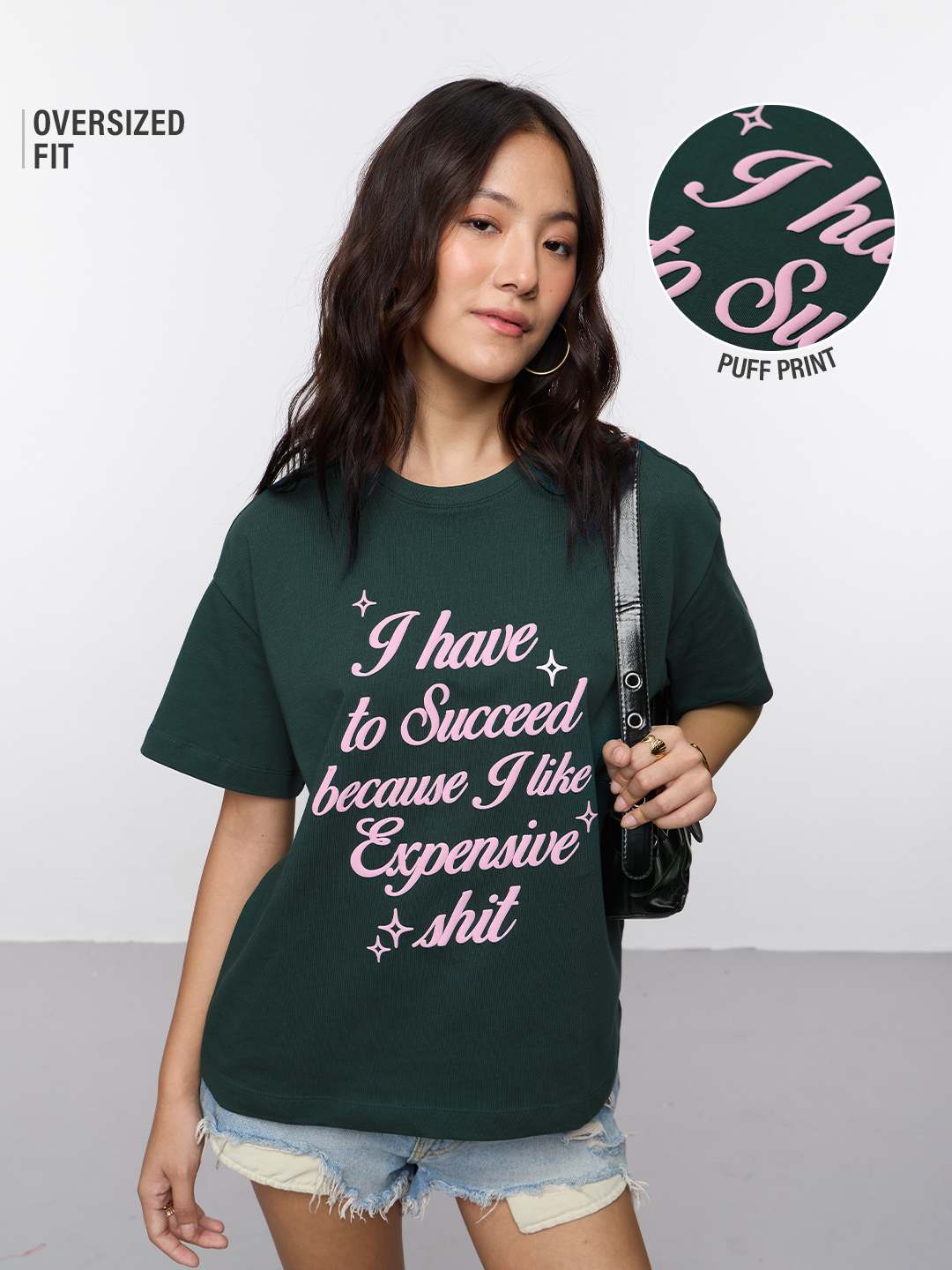 Oversized Green Succeed for Expensive Things Puff Print T-Shirt
