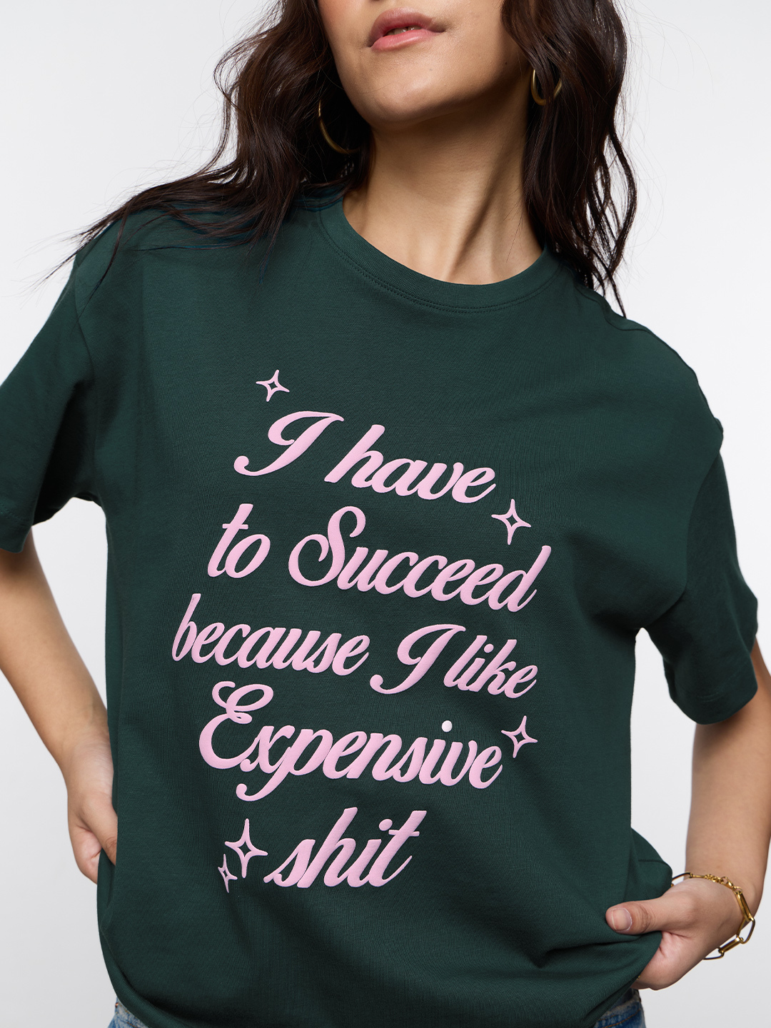 Oversized Green Succeed for Expensive Things Puff Print T-Shirt