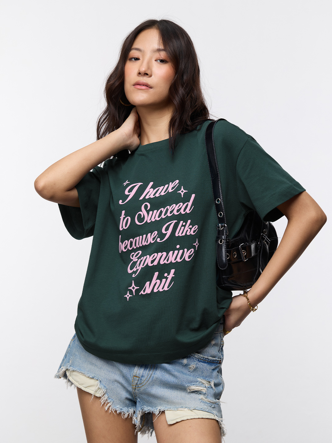 Oversized Green Succeed for Expensive Things Puff Print T-Shirt