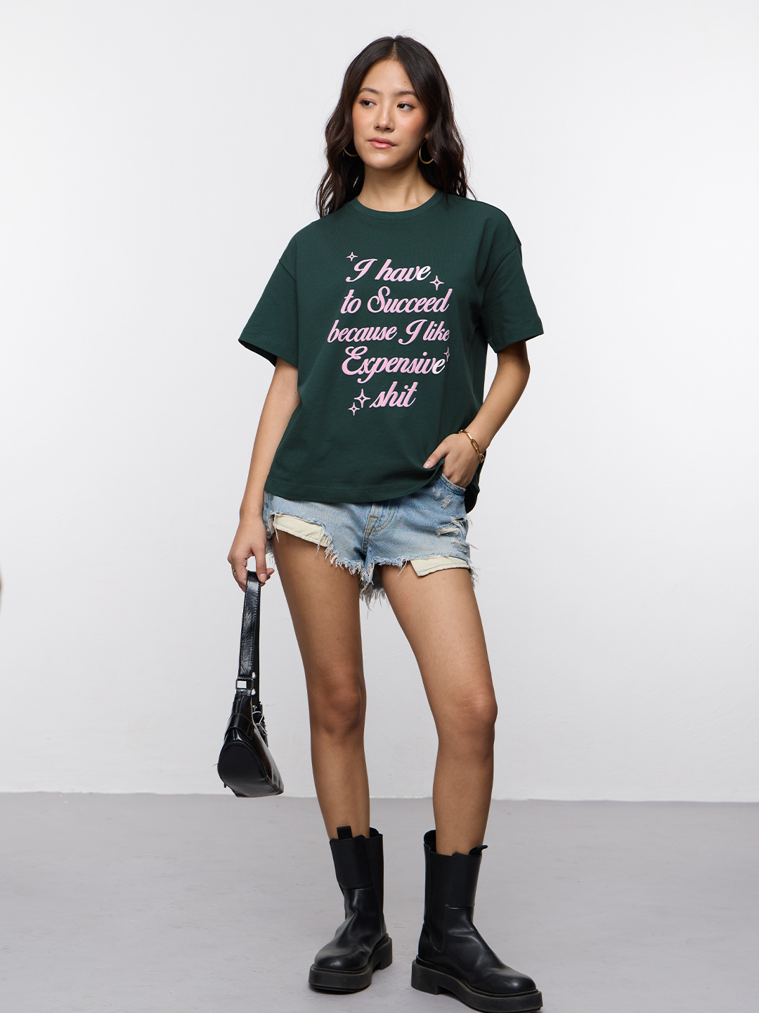 Oversized Green Succeed for Expensive Things Puff Print T-Shirt