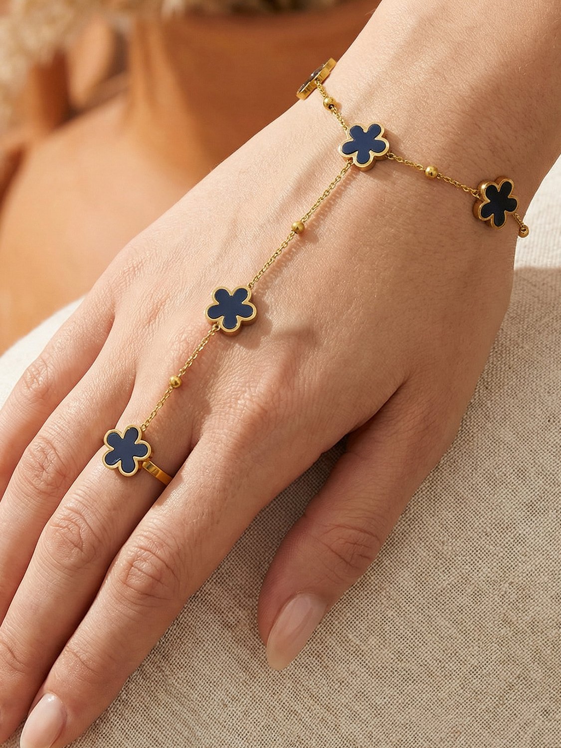 Gold Clover Hand Chain with Ring - Casual Wear, Single Piece.