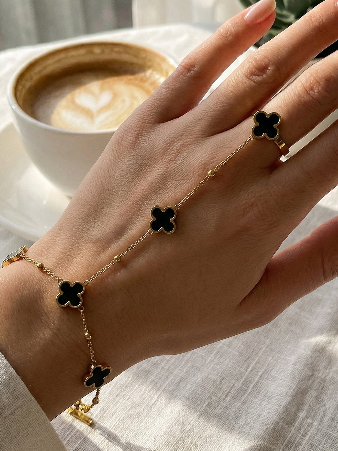 Gold Clover Hand Chain with Ring - Casual Wear, Single Piece.