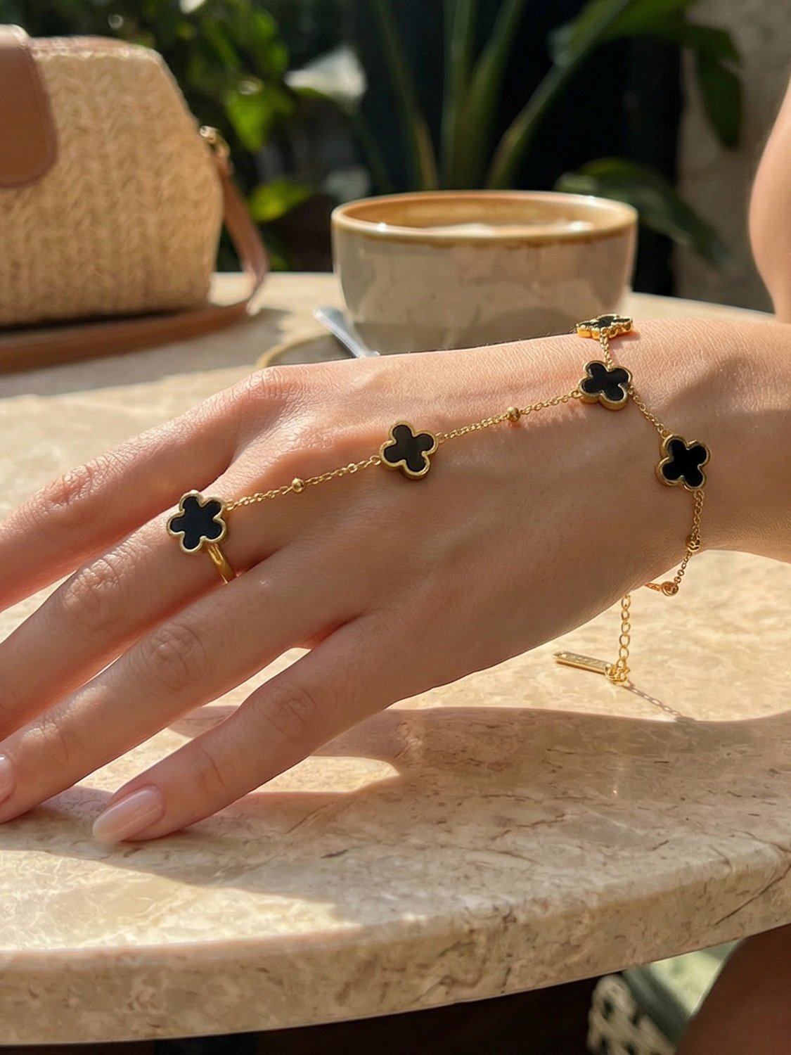 Gold Clover Hand Chain with Ring - Casual Wear, Single Piece.