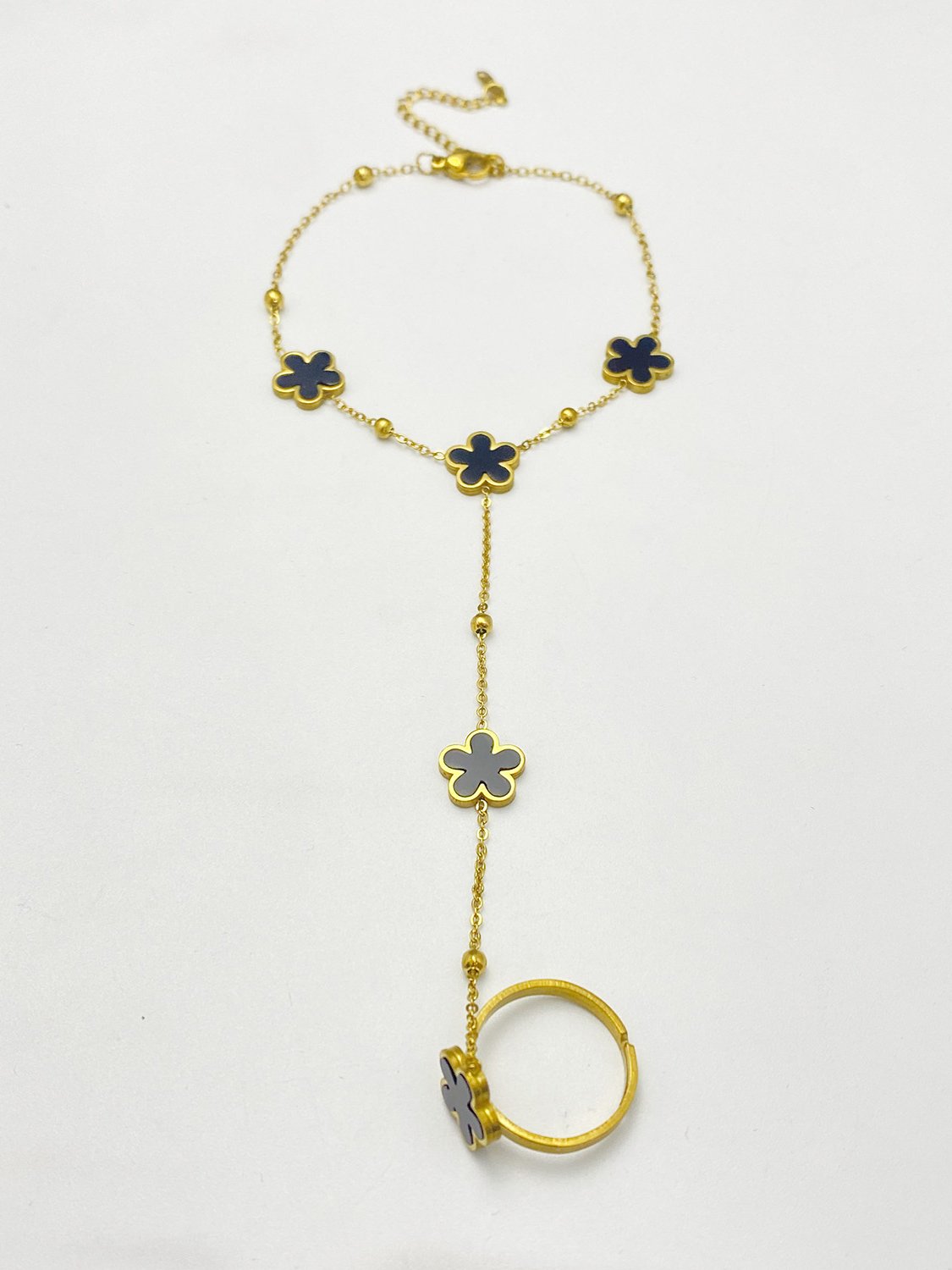 Gold Clover Hand Chain with Ring - Casual Wear, Single Piece.