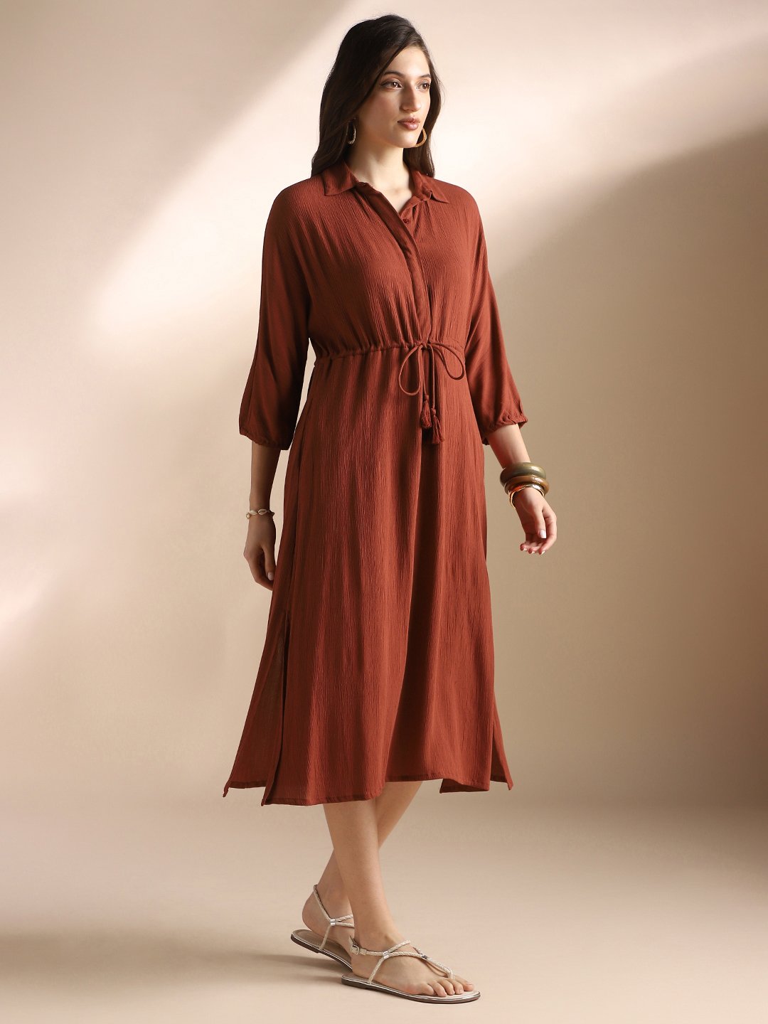 Rust Textured A-Line Midi Dress with 3/4 Sleeves - Daytime