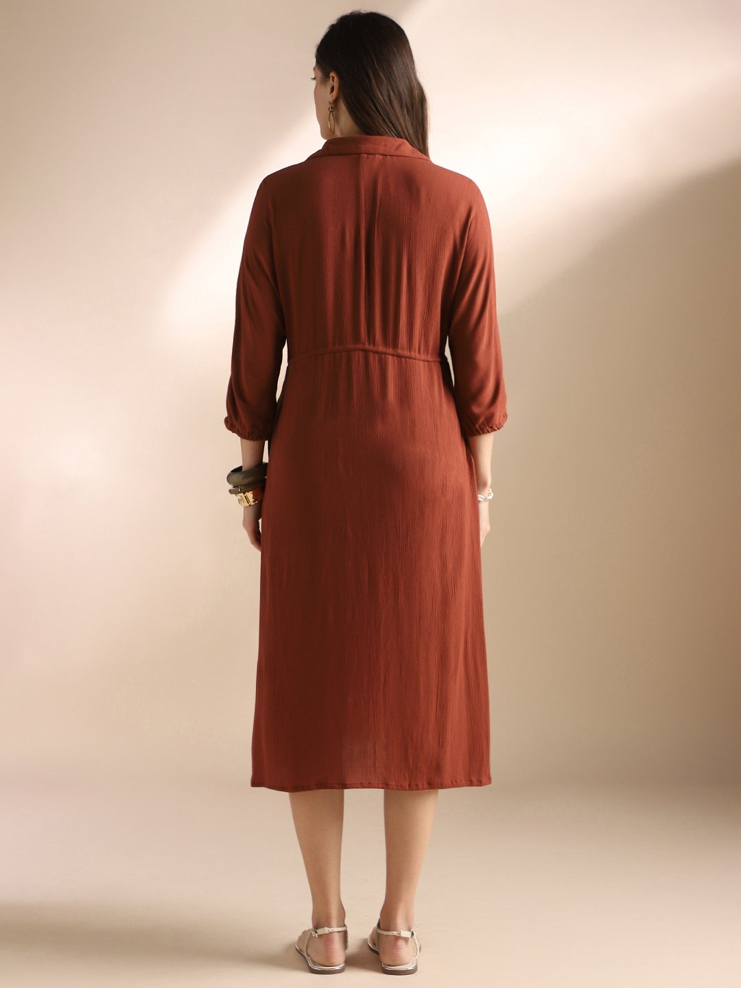Rust Textured A-Line Midi Dress with 3/4 Sleeves - Daytime