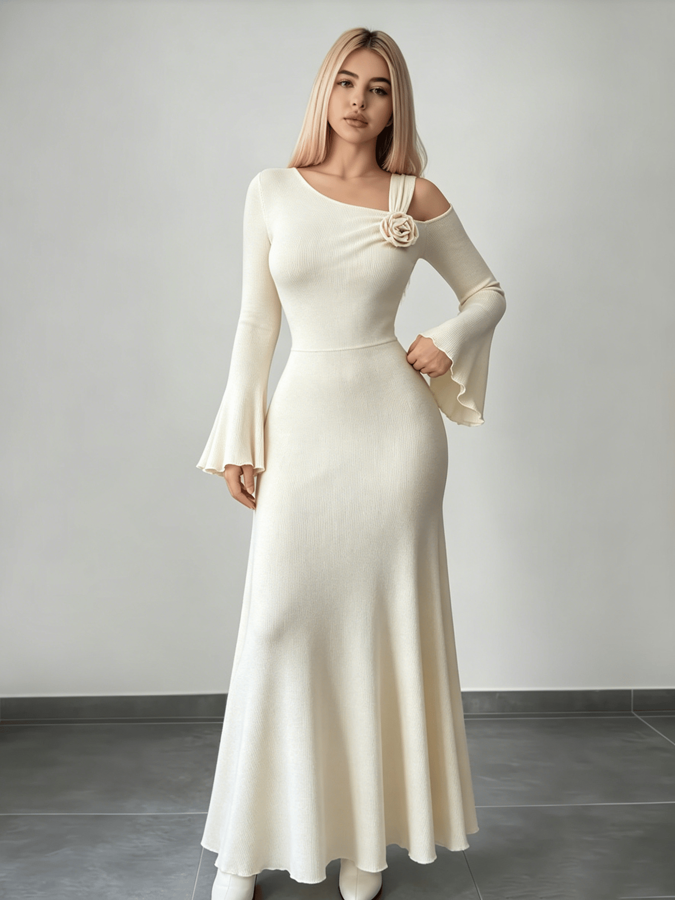 Cream Ribbed Knit Asymmetric Neck Maxi Dress