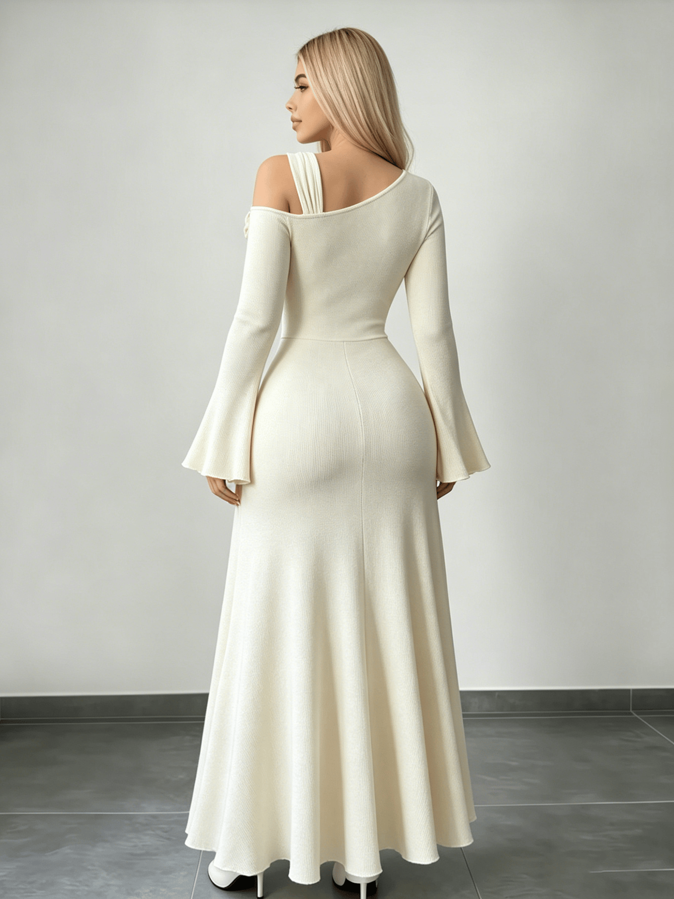 Cream Ribbed Knit Asymmetric Neck Maxi Dress