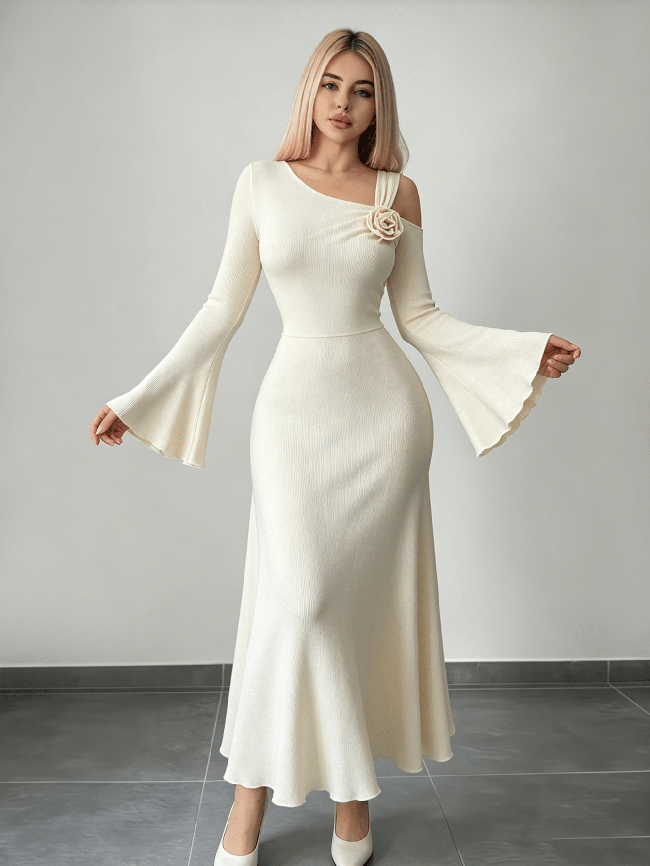 Cream Ribbed Knit Asymmetric Neck Maxi Dress