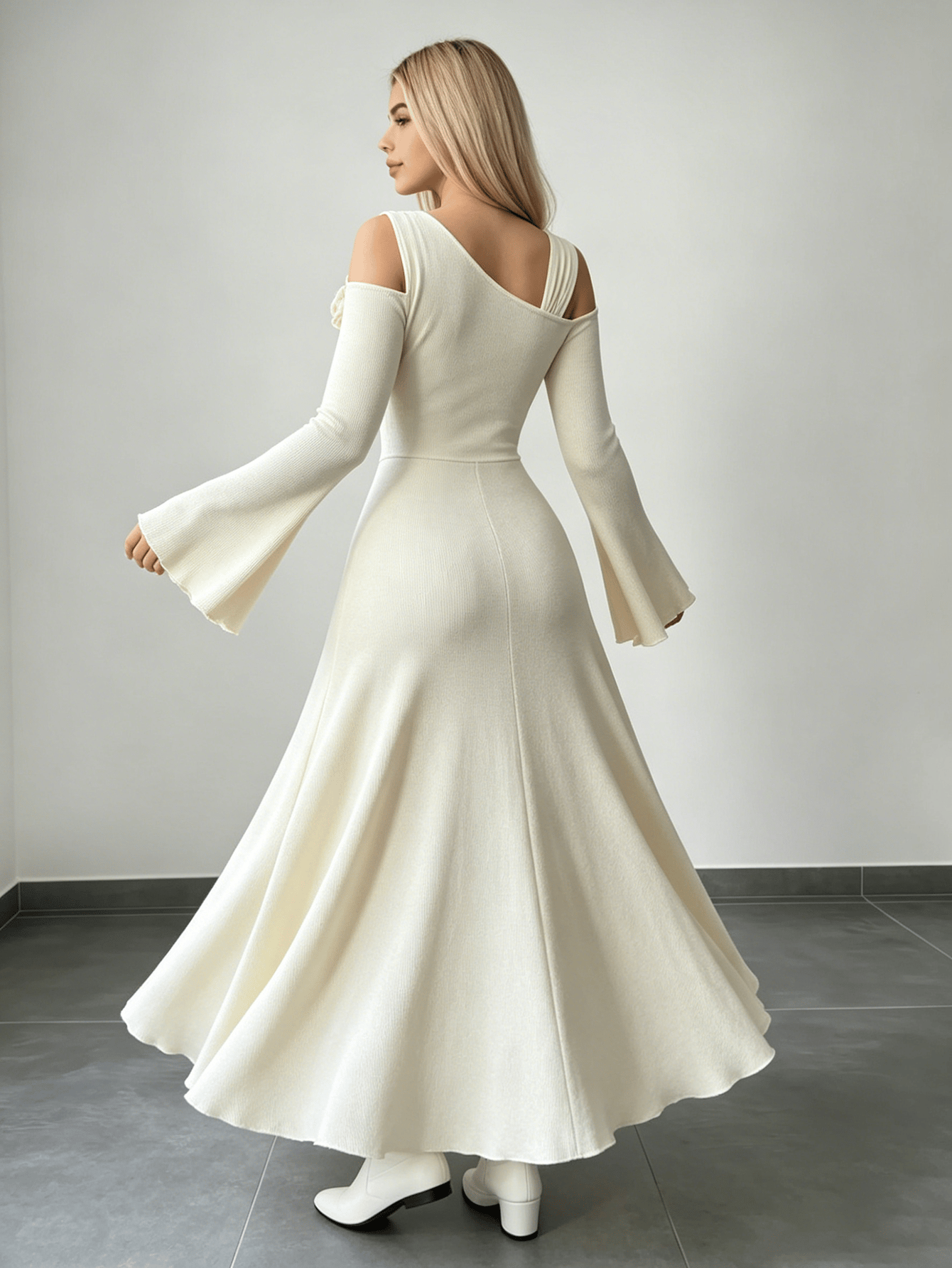 Cream Ribbed Knit Asymmetric Neck Maxi Dress