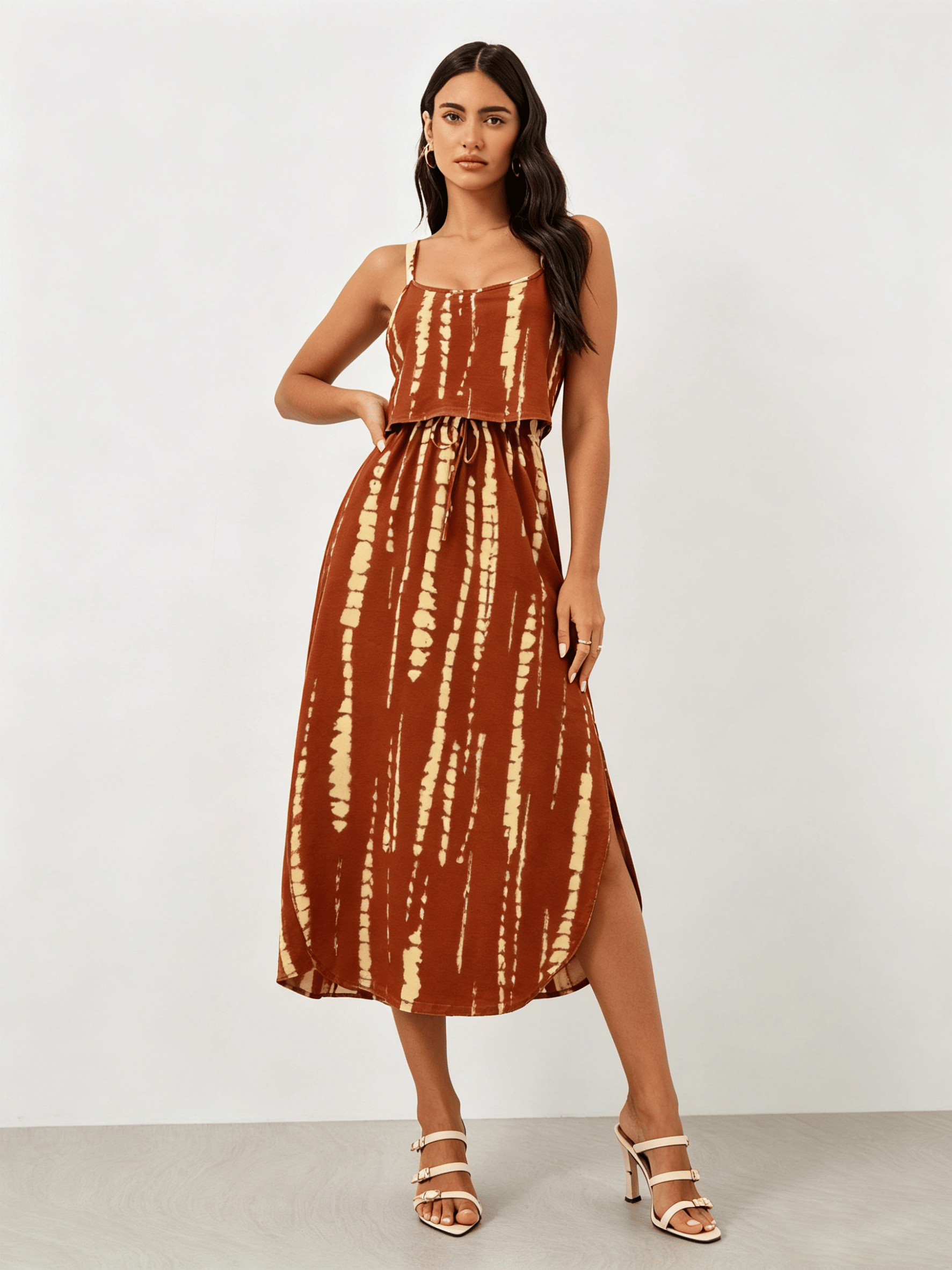 Rust Tie Dye Print Cami Midi Dress