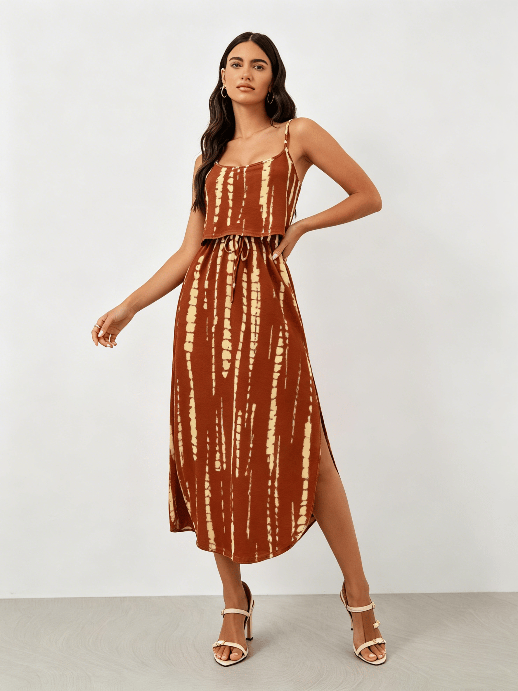 Rust Tie Dye Print Cami Midi Dress