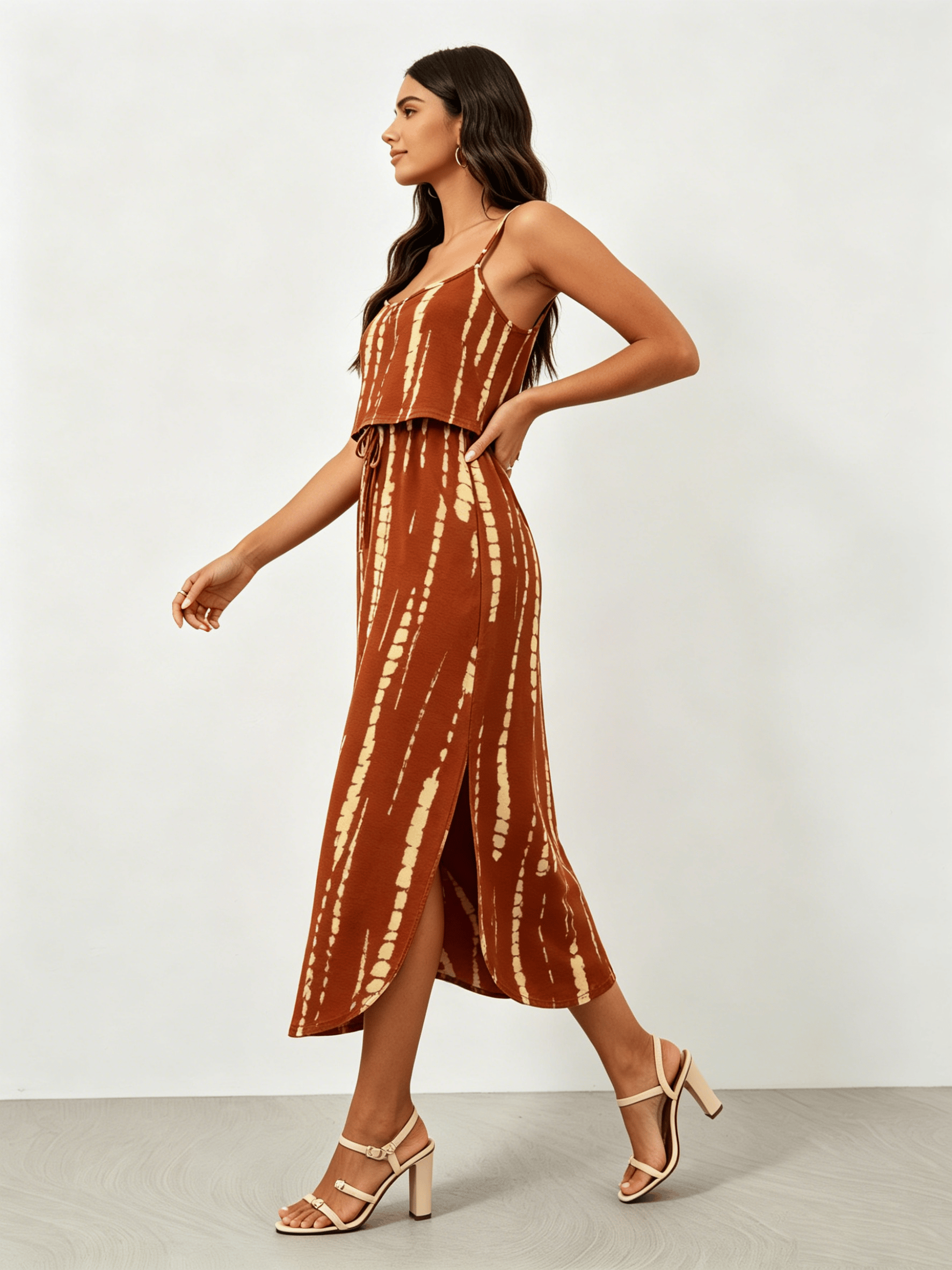 Rust Tie Dye Print Cami Midi Dress