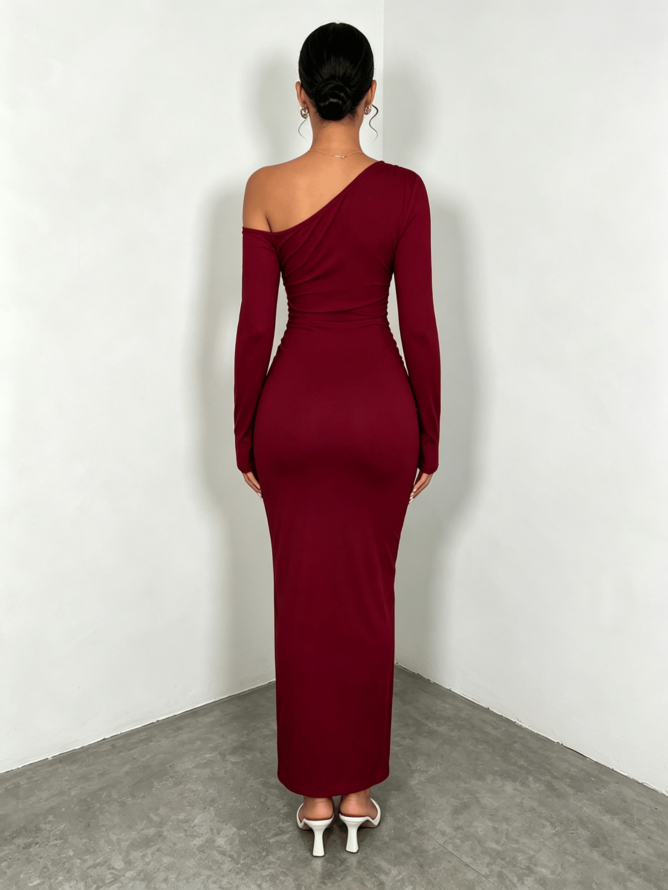 Burgundy Long Sleeve Ruched Waist Bodycon Maxi Dress