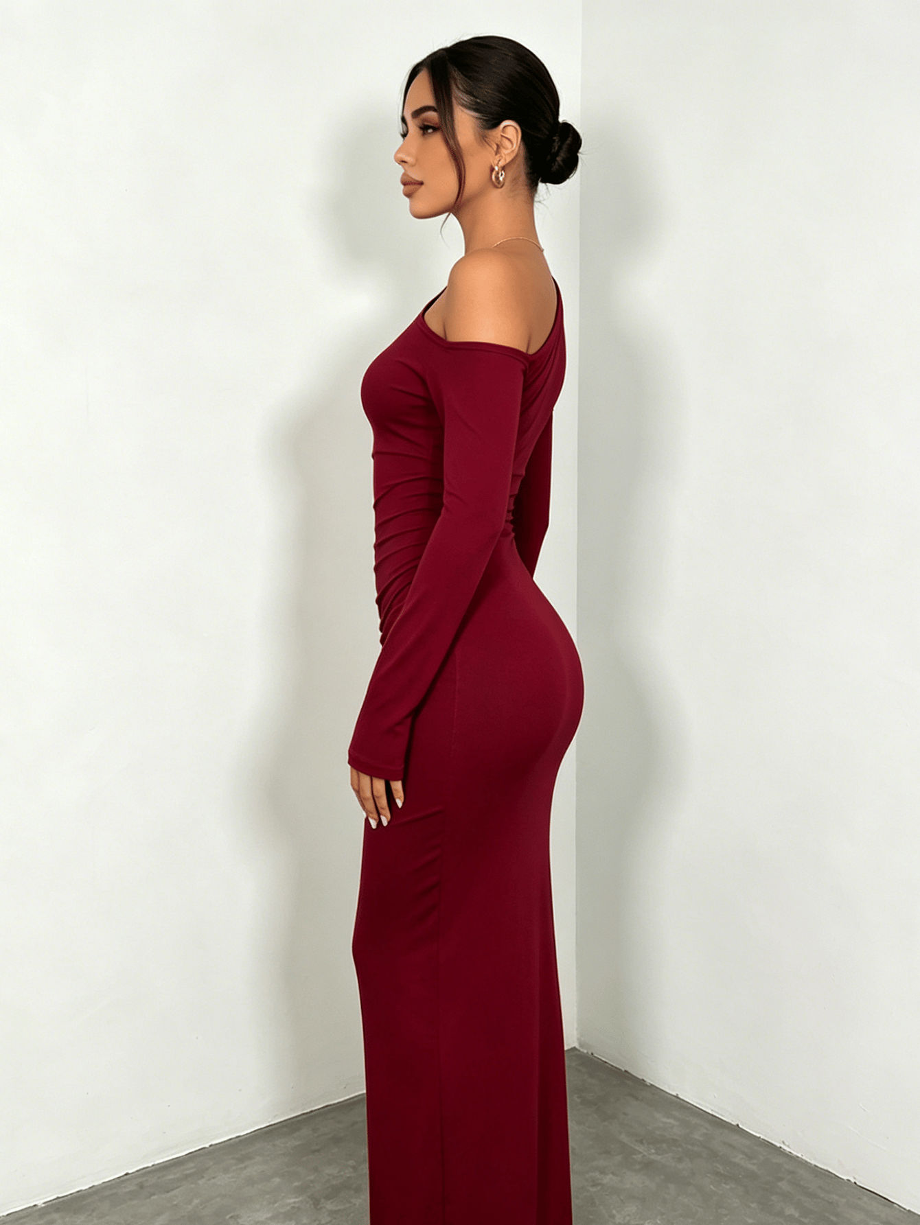 Burgundy Long Sleeve Ruched Waist Bodycon Maxi Dress