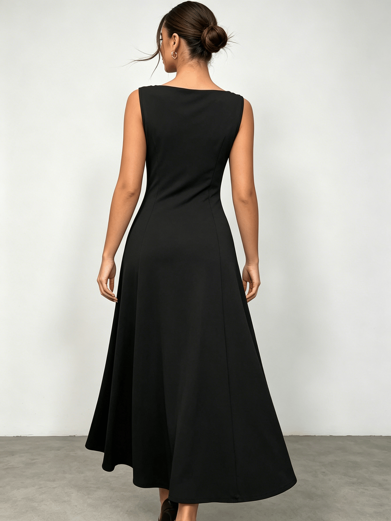 Black Boat Neck High Low Hem Flared Midi Dress