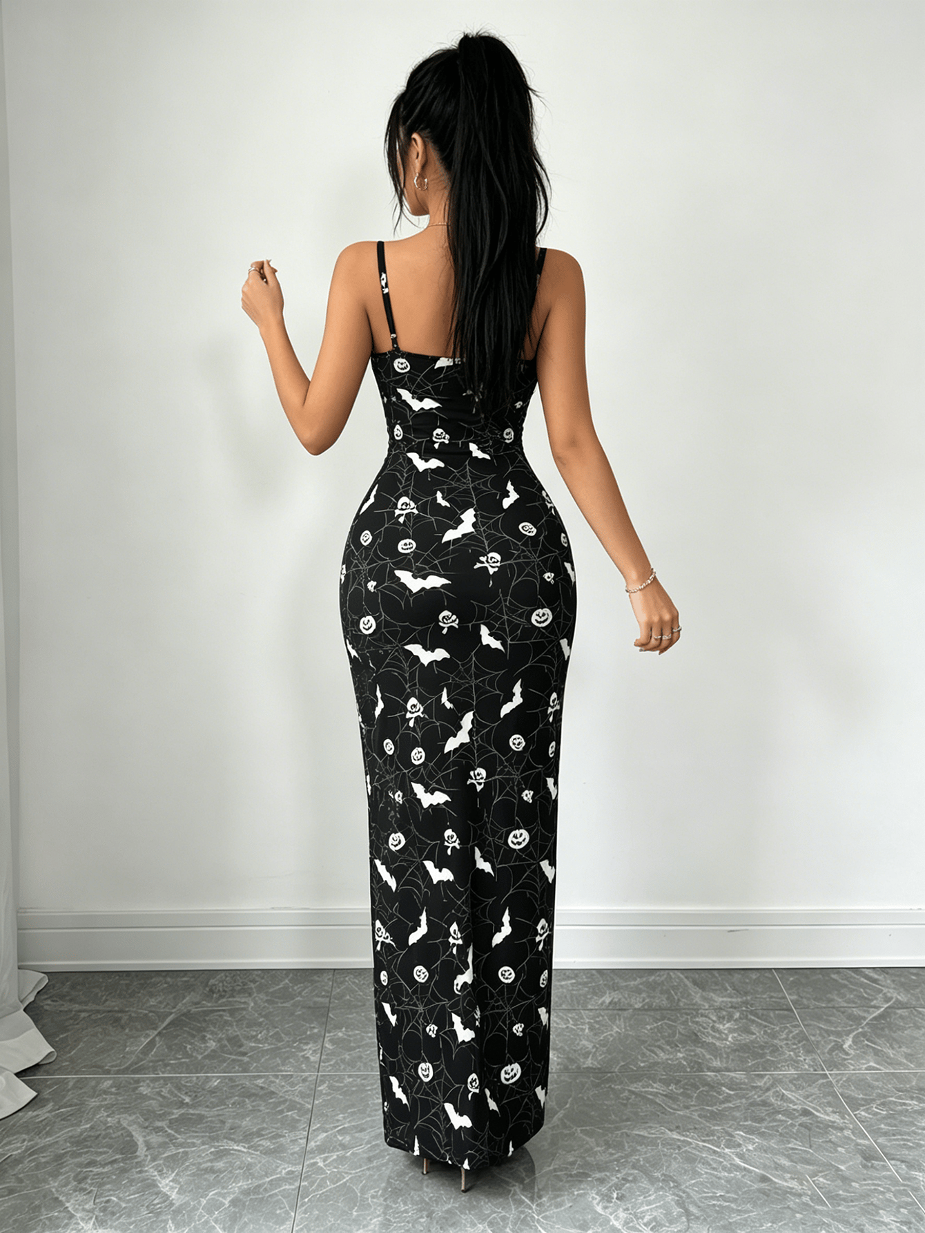 Black Square Neck Bodycon Maxi Dress with High Slit