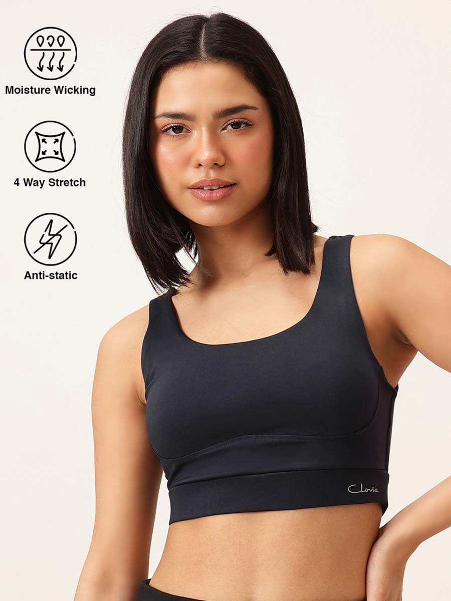 Navy Blue Solid Medium Impact Sports Bra with Removable Cup