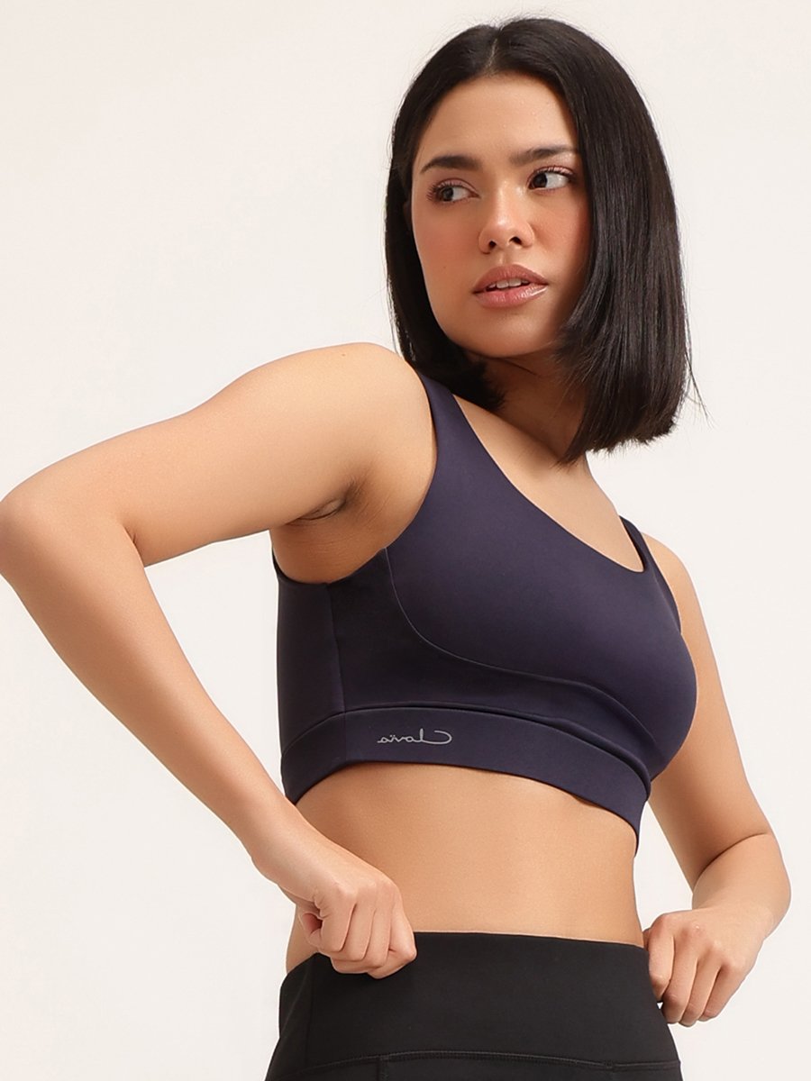 Navy Blue Solid Medium Impact Sports Bra with Removable Cup