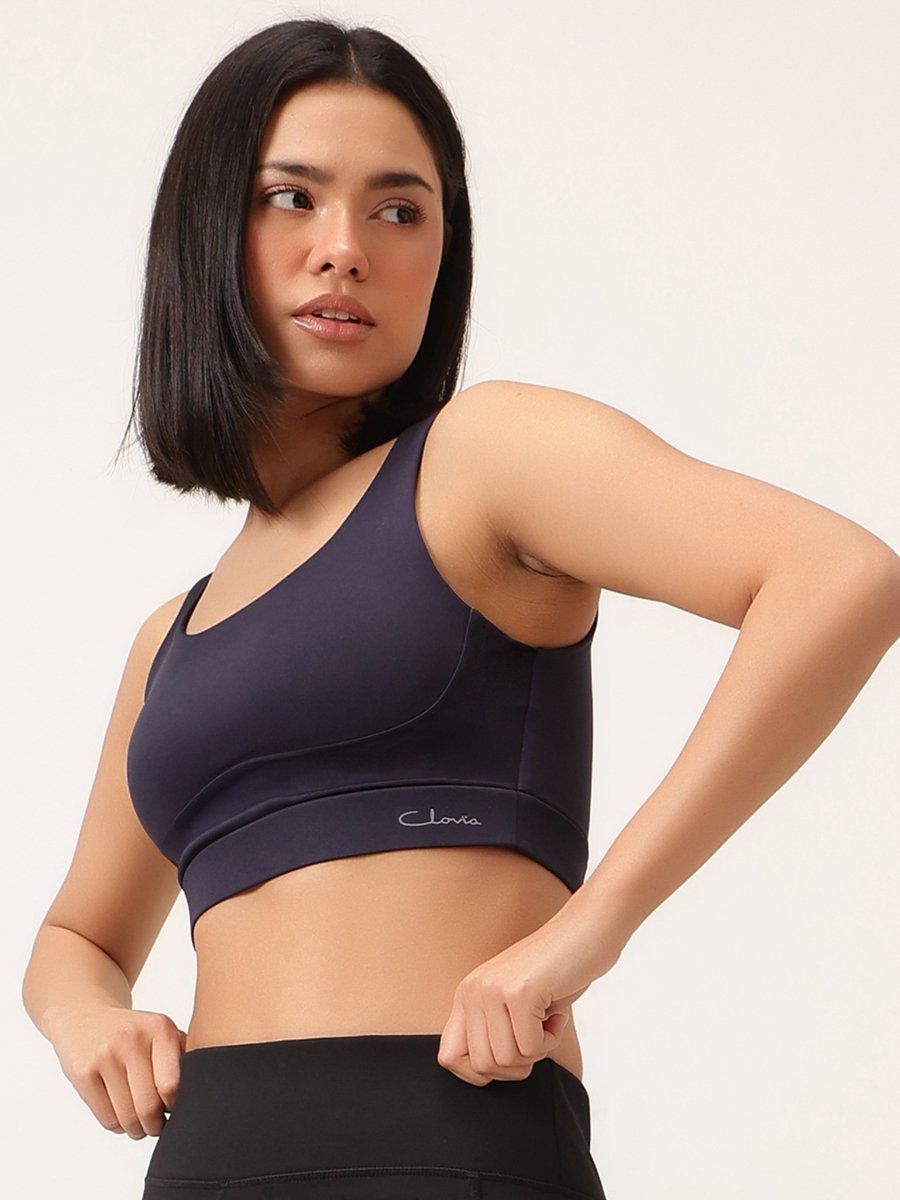 Navy Blue Solid Medium Impact Sports Bra with Removable Cup